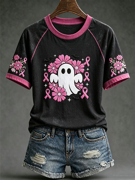Women's Breast Cancer Theme Halloween Cute Boo Elements Pattern Printed Casual Short Sleeve T-Shirt
