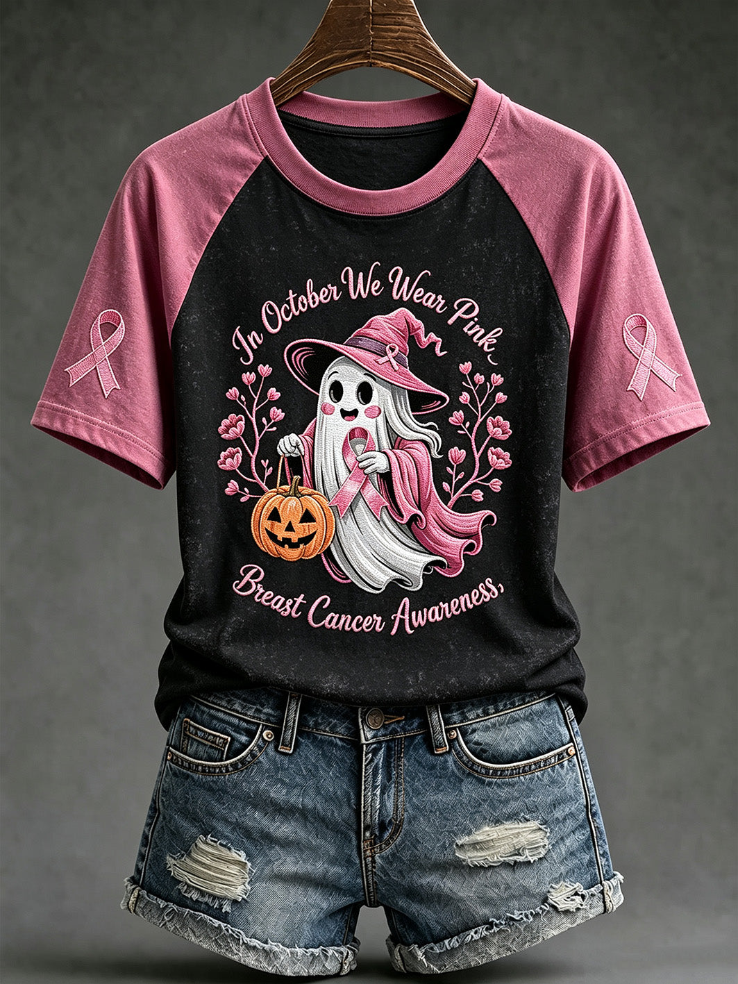 Women's Breast Cancer Theme Halloween Cute Boo Elements Pattern Printed Casual Short Sleeve T-Shirt