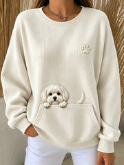 Women's Cute Peeking Maltese Dog & Paw Print Round-Neck Sweatshirt