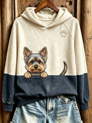 Women's  Peeking Yorkshire Terrier & Paw Print Contrast Color Cozy Sweatshirt