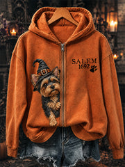 Women's Salem 1692 Peeking Yorkshire Dog Witch Print Full Zip Hoodie