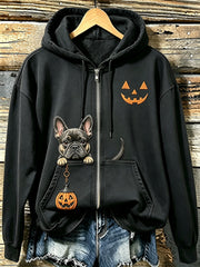 Women's Halloween Peeking French Bulldog Print Zip-Up Hoodie