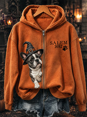 Women's Salem 1692 Peeking French Bulldog Witch Print Full Zip Hoodie