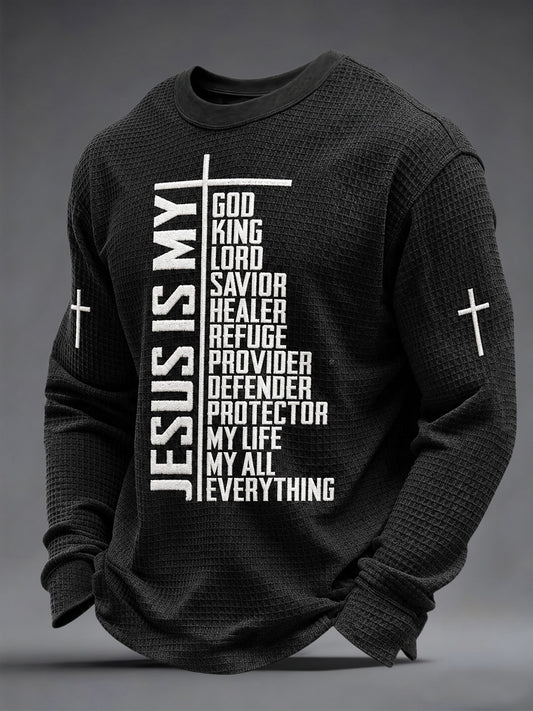 Men's Jesus The Way The Truth The Life Print Casual Waffle Long Sleeve Top