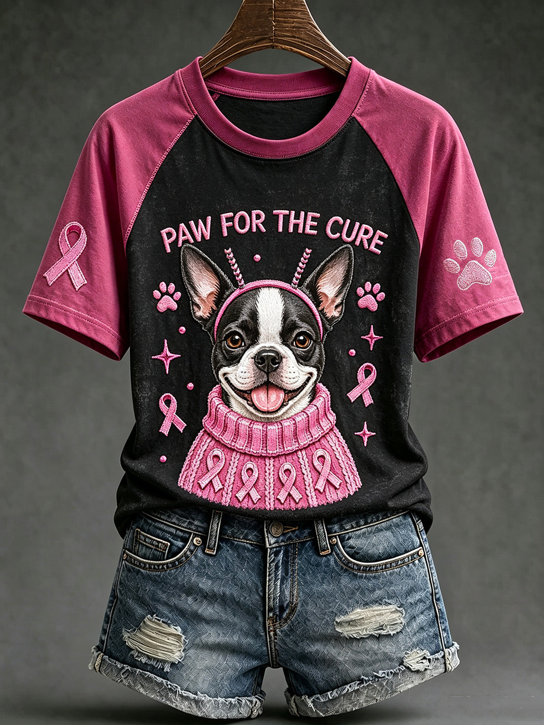 Women's breast cancer theme cute dog pattern printed casual short-sleeve T-shirt