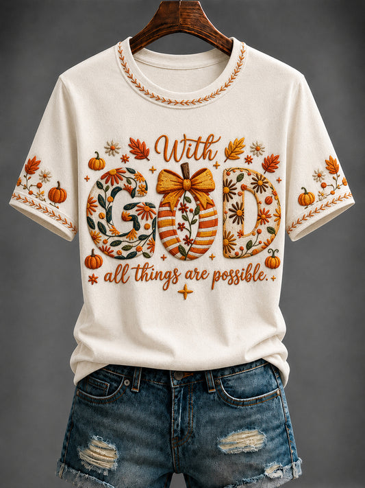 Women's Autumn “With GOD all things are possible.” Printed T-shirt