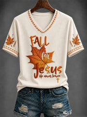 Women's Autumn “FALL for Jesus He never leaves ” Printed V-neck T-shirt