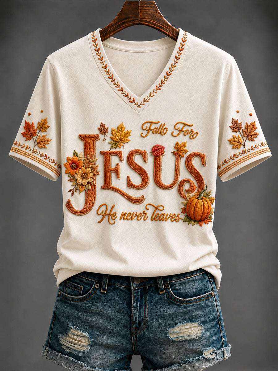 Women's Autumn “FALL for Jesus He never leaves ” Printed V-neck T-shirt