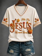 Women's Autumn “FALL for Jesus He never leaves ” Printed V-neck T-shirt