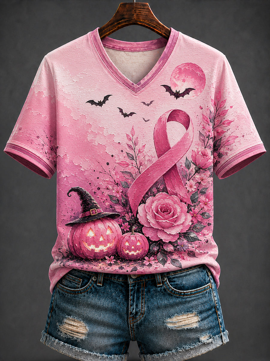 Women's Halloween Breast Cancer Printed V-neck T-shirt