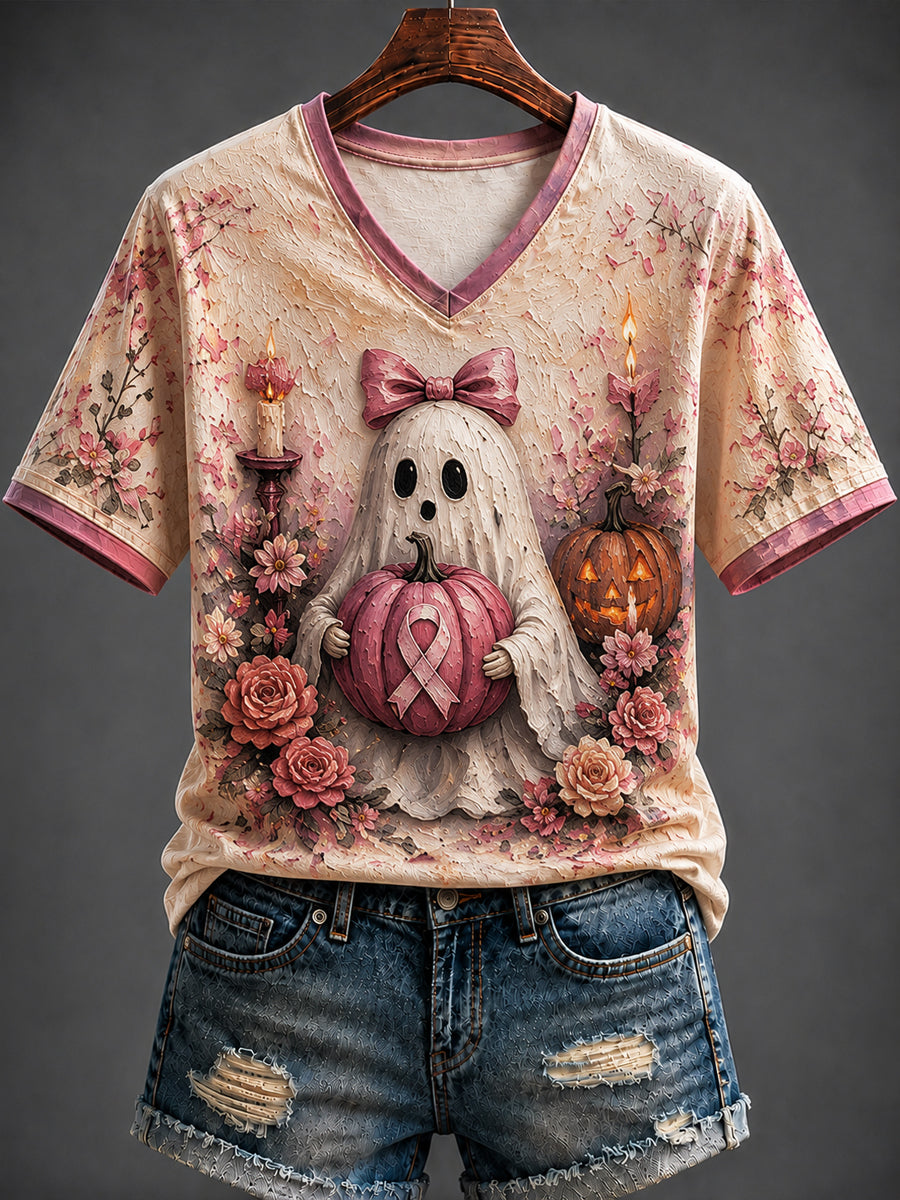 Women's Halloween Breast Cancer Printed V-neck T-shirt