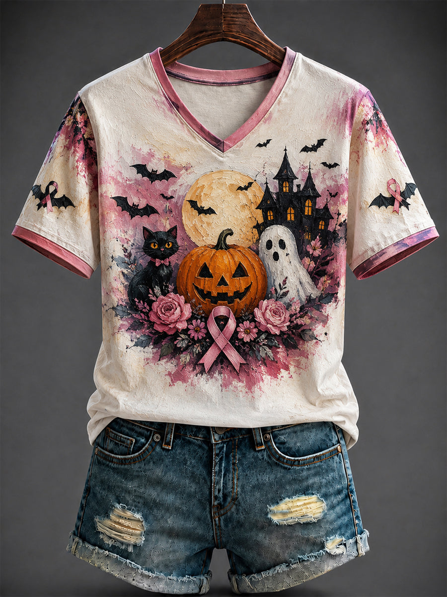 Women's Halloween Breast Cancer Printed V-neck T-shirt