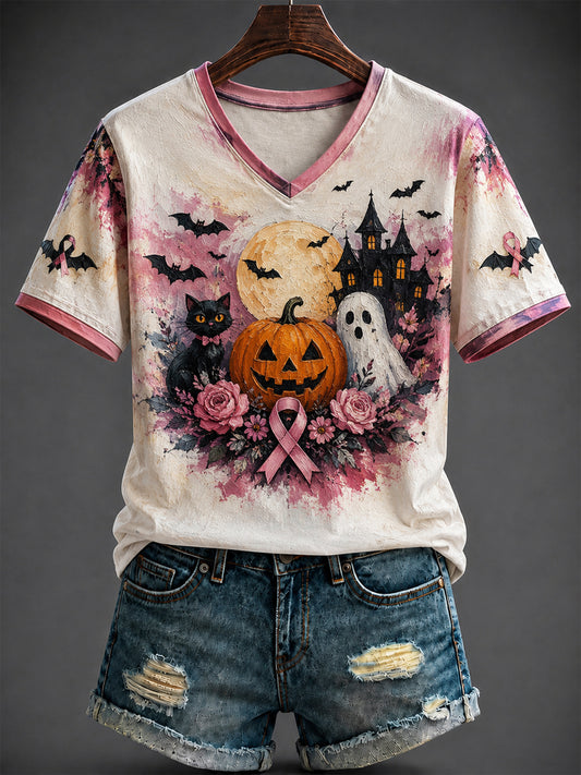 Women's Halloween Breast Cancer Printed V-neck T-shirt