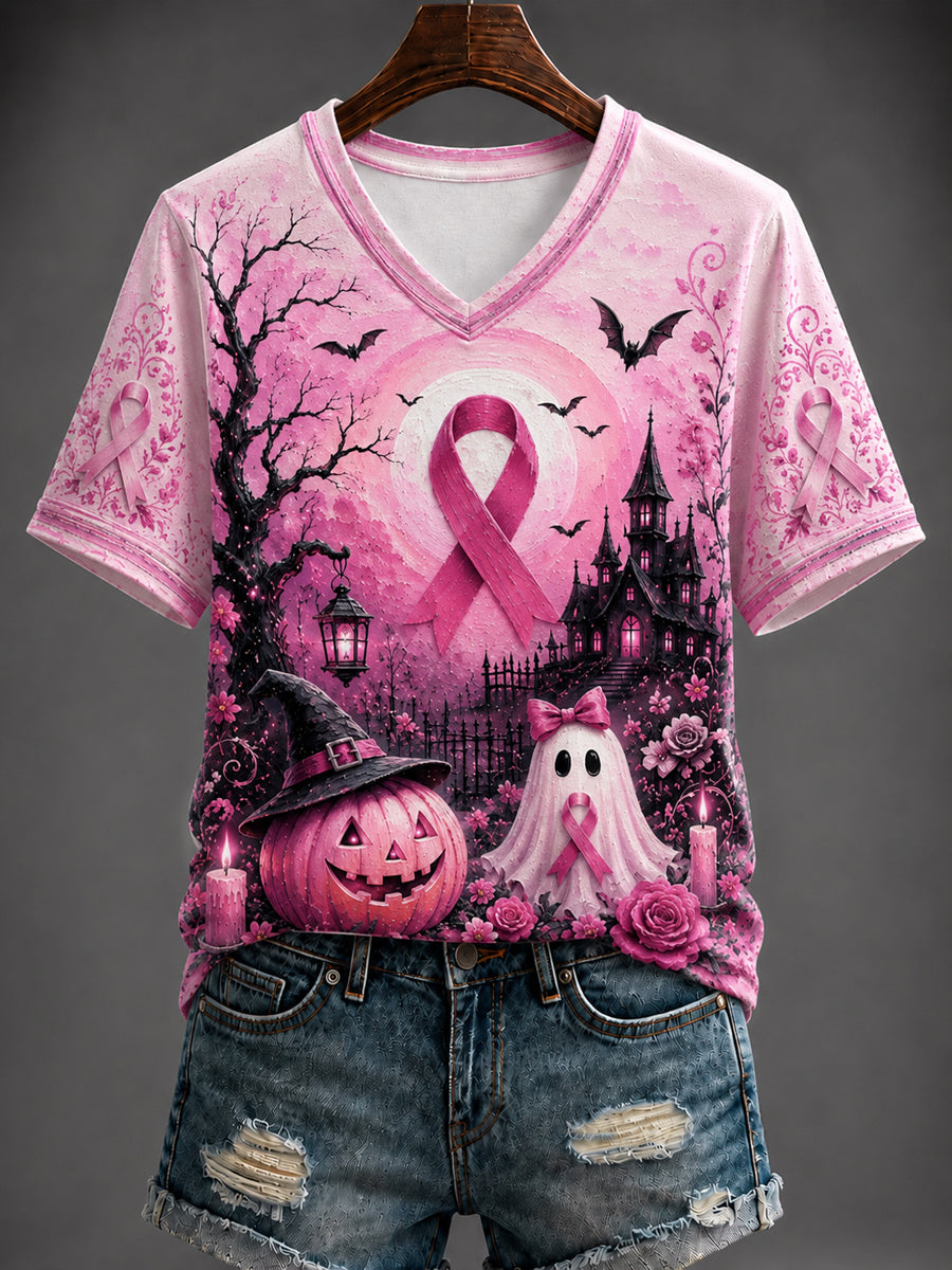 Women's Halloween Breast Cancer Printed V-neck T-shirt