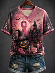 Women's Halloween Breast Cancer Printed V-neck T-shirt