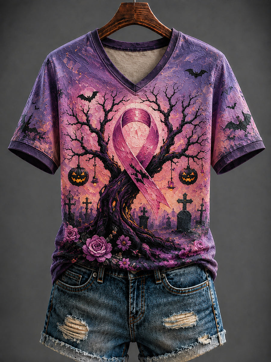 Women's Halloween Breast Cancer Printed V-neck T-shirt