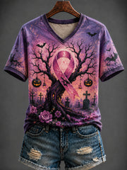 Women's Halloween Breast Cancer Printed V-neck T-shirt