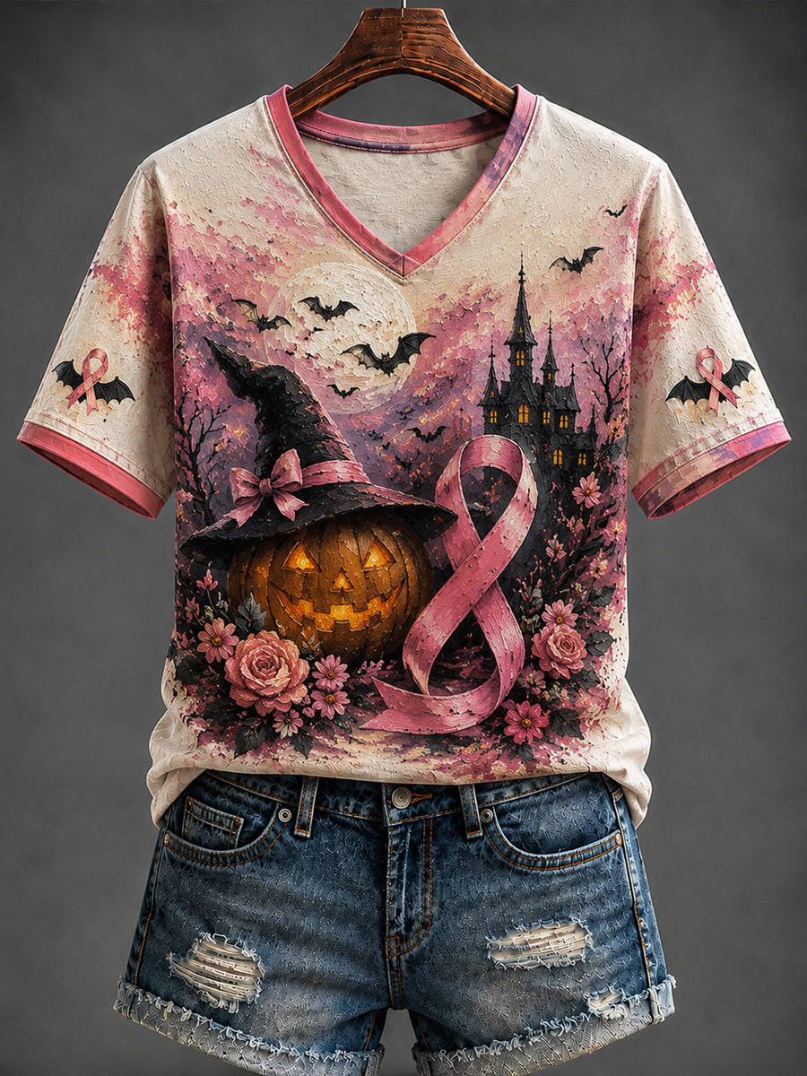 Women's Halloween Breast Cancer Printed V-neck T-shirt