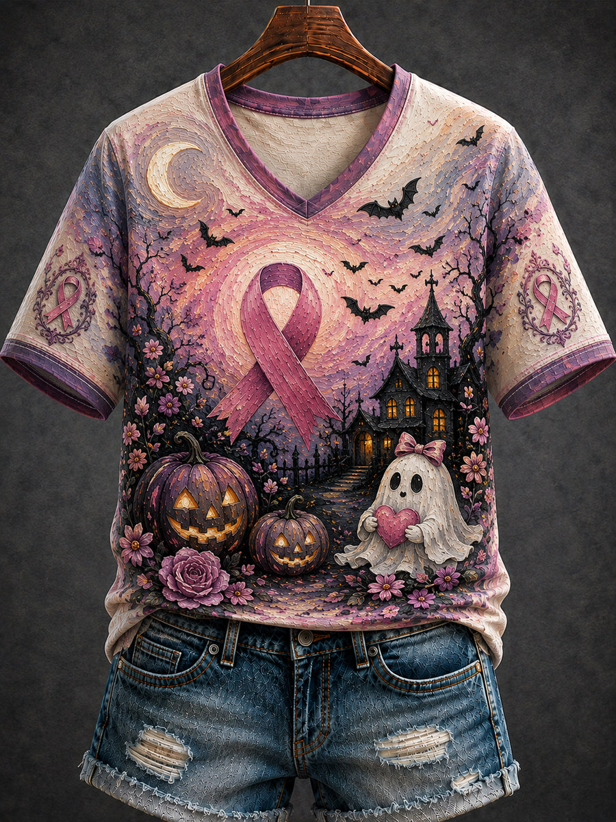 Women's Halloween Breast Cancer Printed V-neck T-shirt