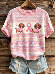 Women's cute dog and pink charity ribbon pattern printed casual top