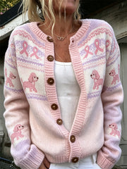 Women's cute dog and pink charity ribbon pattern printed casual cardigan