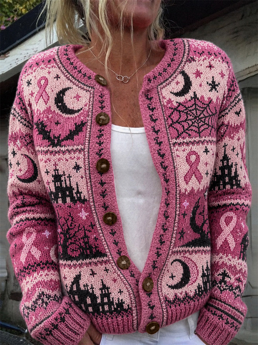 Women's Vintage Halloween Breast Cancer Pink Ribbon Isle Pattern Print Cardigan