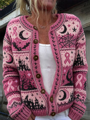 Women's Vintage Halloween Breast Cancer Pink Ribbon Isle Pattern Print Cardigan