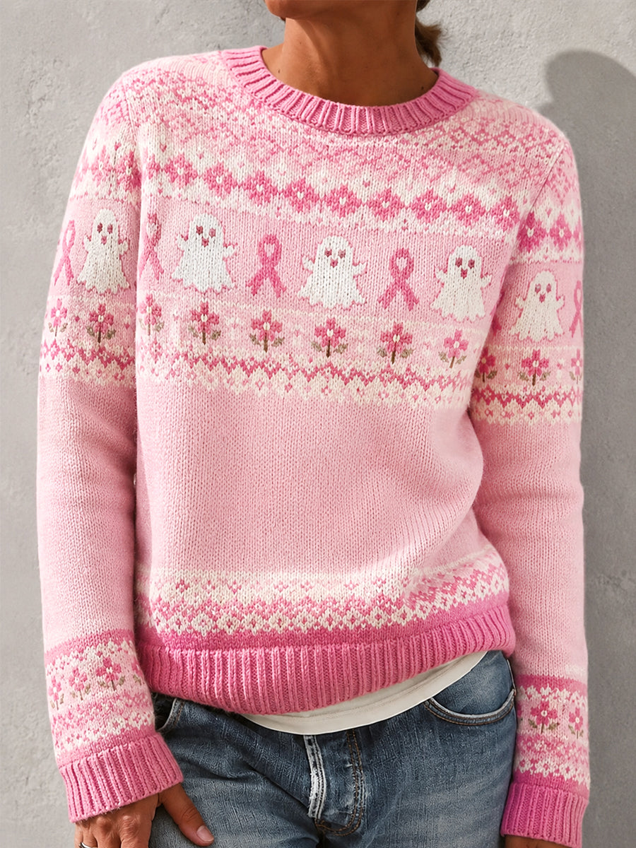 Women's Pink Ribbon Floral Ghost Print Breast Cancer Awareness Support Sweater