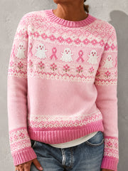Women's Pink Ribbon Floral Ghost Print Breast Cancer Awareness Support Sweater
