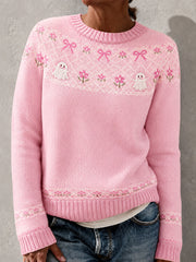 Women's Pink Ribbon Floral Ghost Print Breast Cancer Awareness Support Sweater