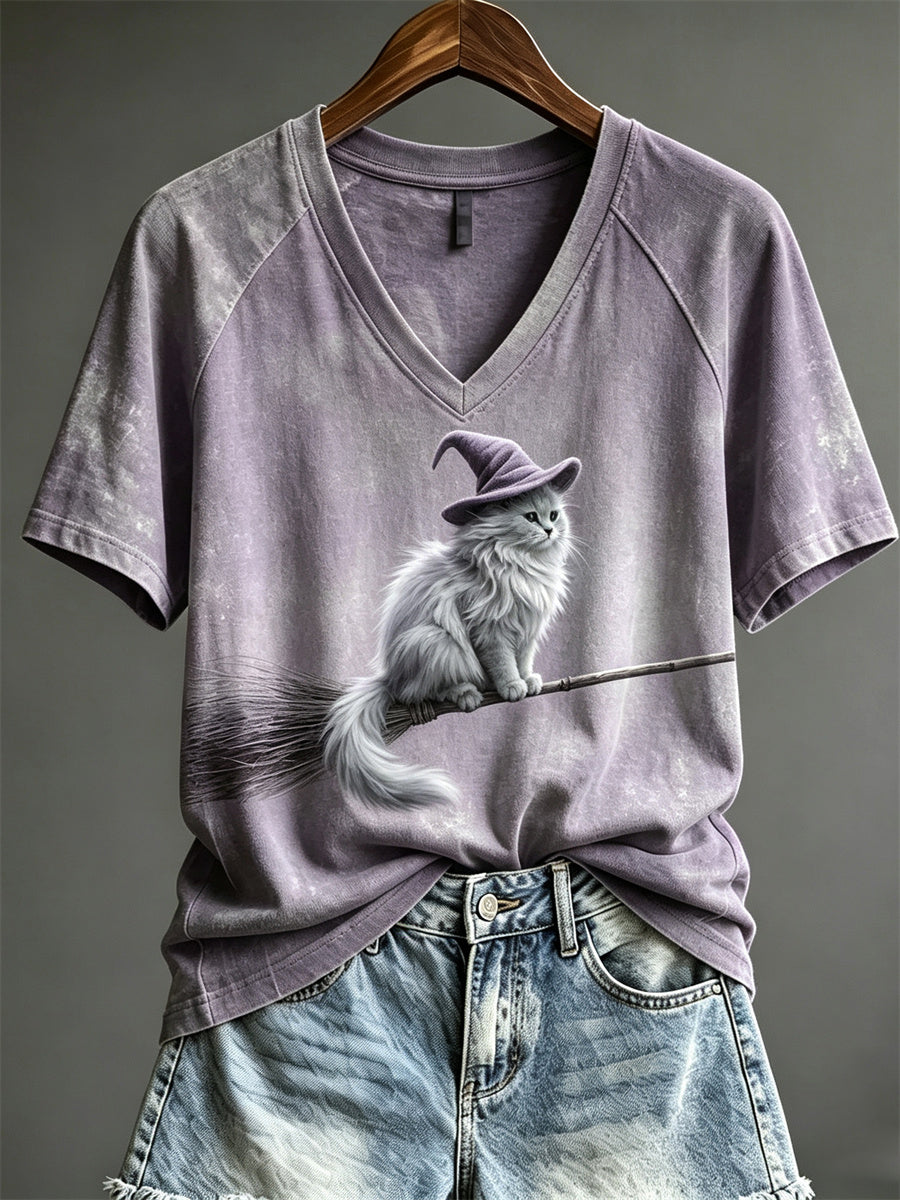 Women's Halloween Flying Fuzzy Witch Cat on Broom Print short-sleeved T-shirt