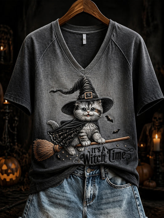 Women's Halloween Witch Cat Pattern Printed Casual Short Sleeve T-shirt