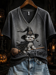 Women's Halloween Witch Cat Pattern Printed Casual Short Sleeve T-shirt