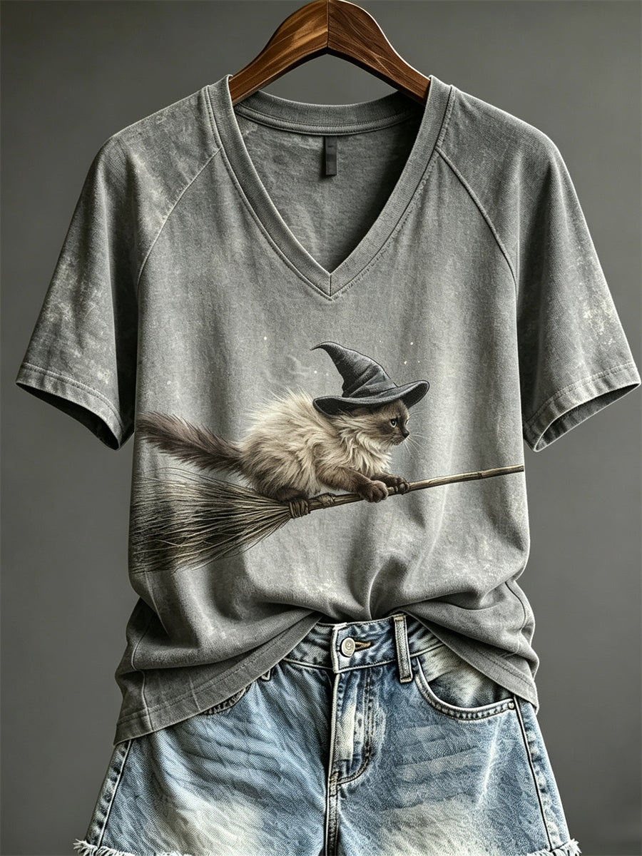 Women's Halloween Flying Fuzzy Witch Cat on Broom Print short-sleeved T-shirt