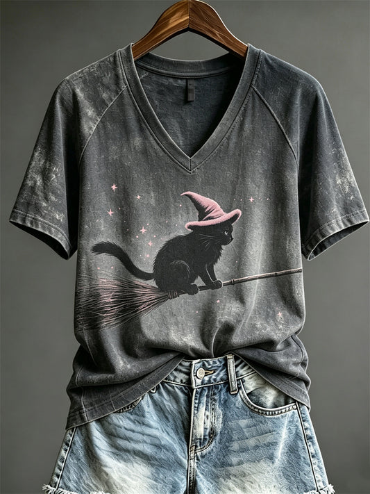 Women's Halloween Flying Fuzzy Witch Cat on Broom Print short-sleeved T-shirt