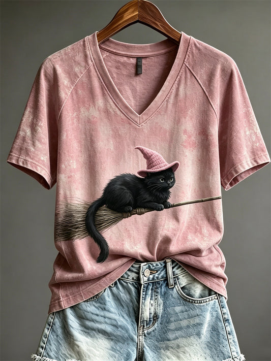 Women's Halloween Flying Fuzzy Witch Cat on Broom Print short-sleeved T-shirt