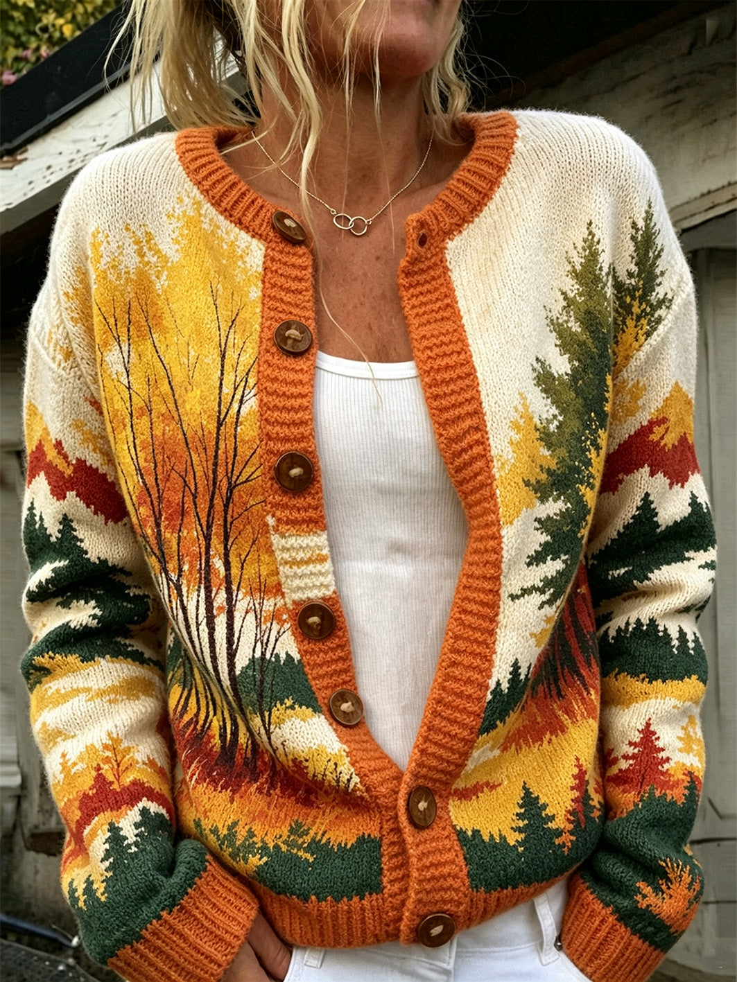 Women's Autumn Forest Pattern Causal Cardigan-Style Knit Jacket