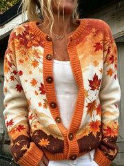 Women's Autumn Maple Leaf Pattern Causal Cardigan Style Knit Jacket