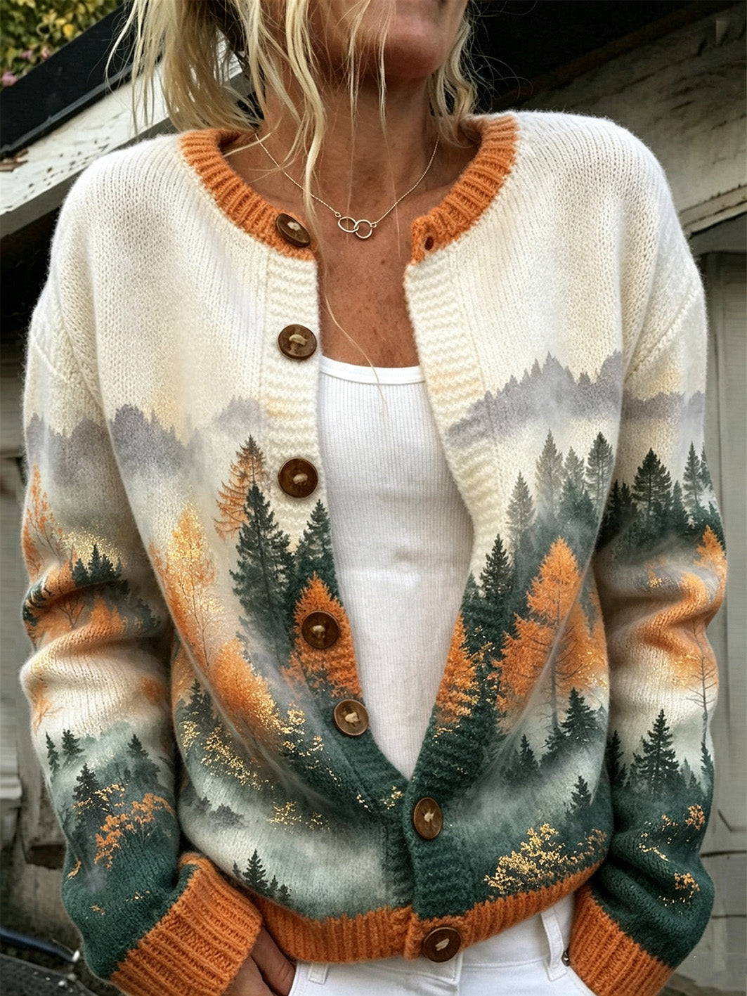 Women's Autumn Forest Pattern Causal Cardigan-Style Knit Jacket