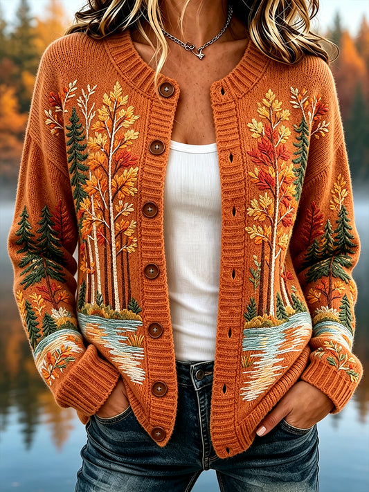 Women's Vintage Fall Trees Print Cozy Cardigan
