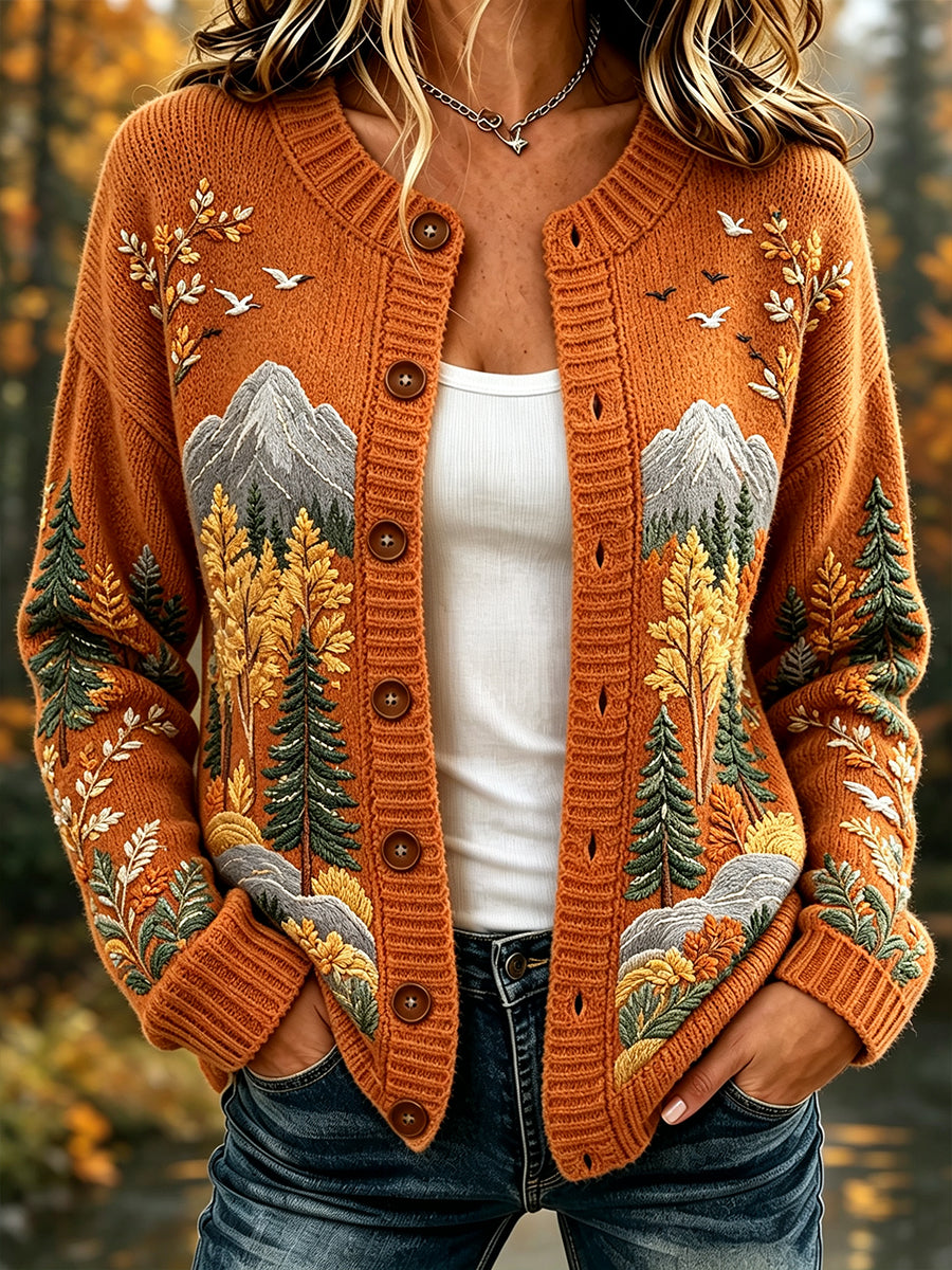 Women's Vintage Fall Landscape Pattern Print Cozy Cardigan