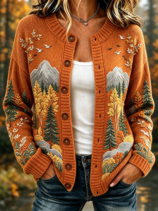 Women's Vintage Fall Landscape Pattern Print Cozy Cardigan