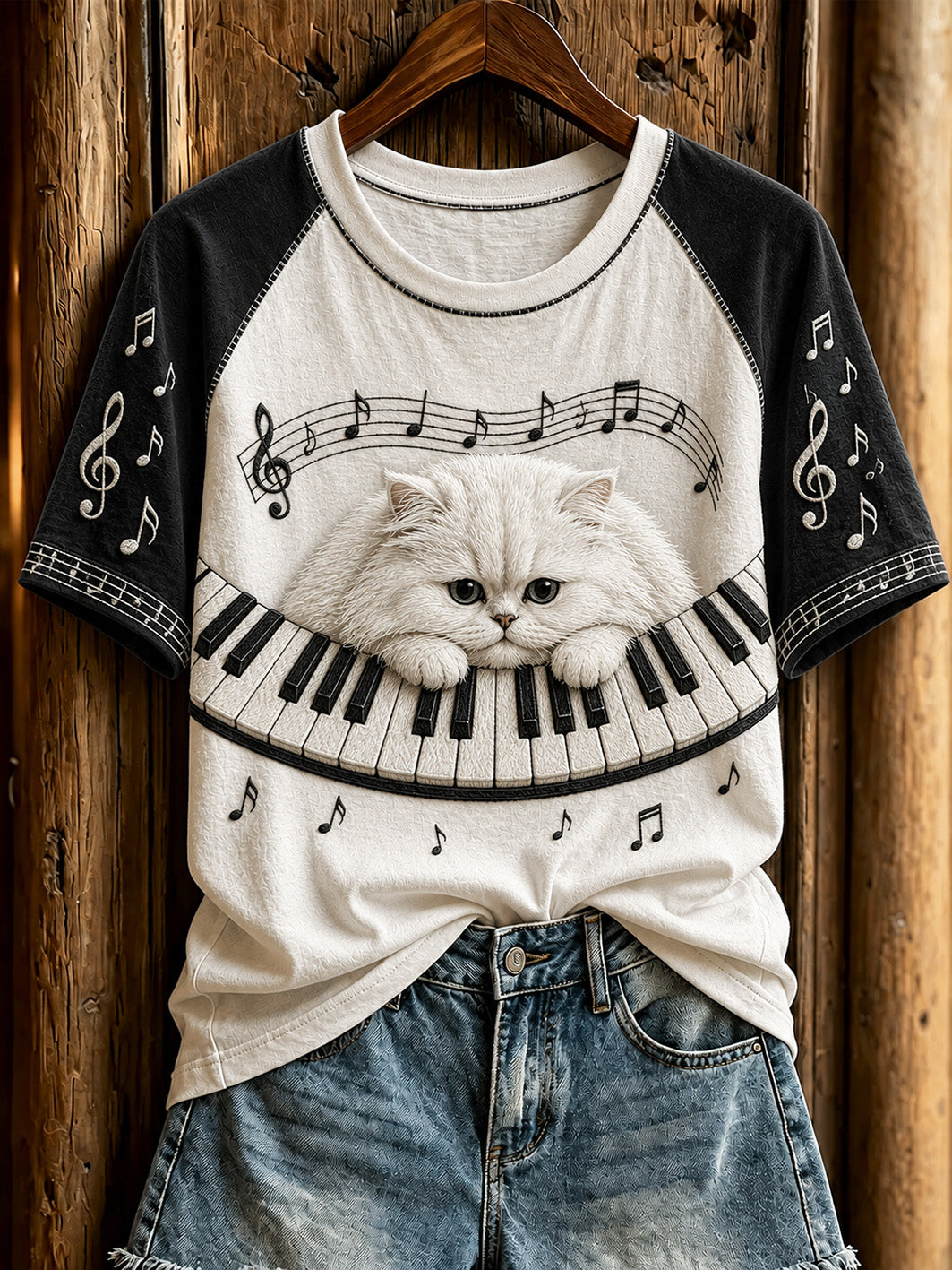 Women's cute cat and piano design casual short-sleeve T-shirt
