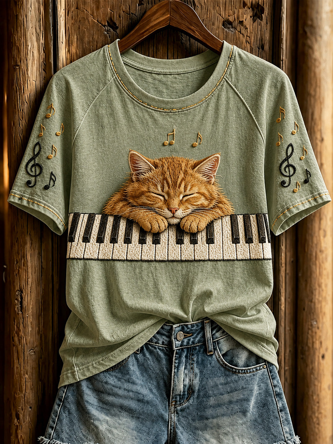 Women's cute cat and piano design casual short-sleeve T-shirt
