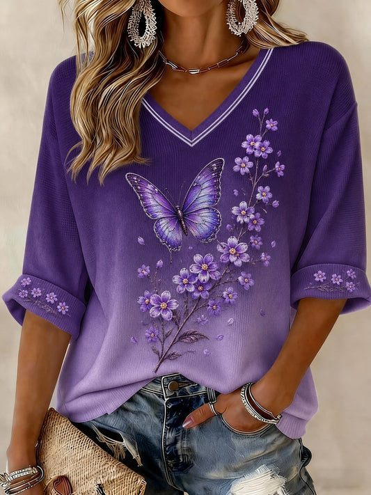 Women's Alzheimer's Disease Flowers Printed Mid-length Sleeves V-neck T-shirt