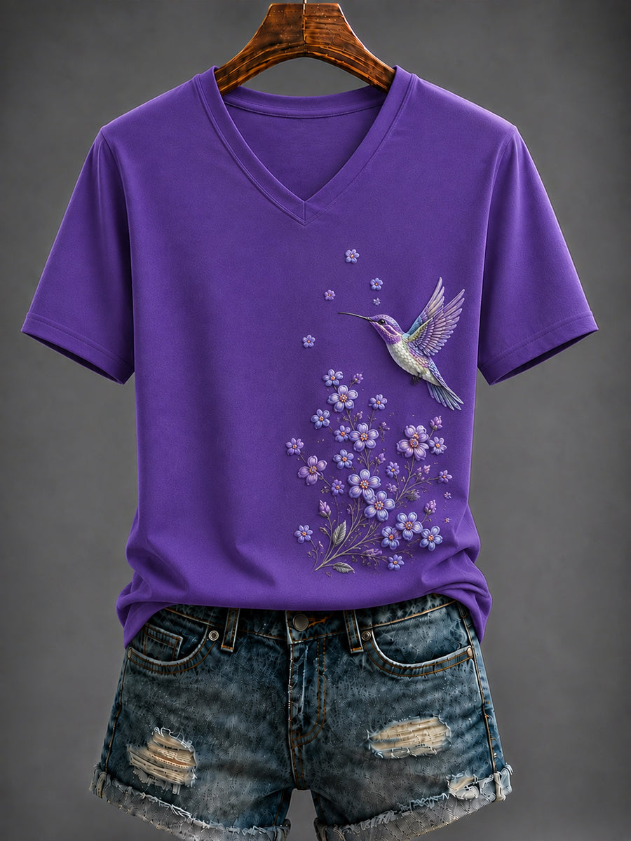 Women's Purple Flora Art Printed V-neck T-shirt