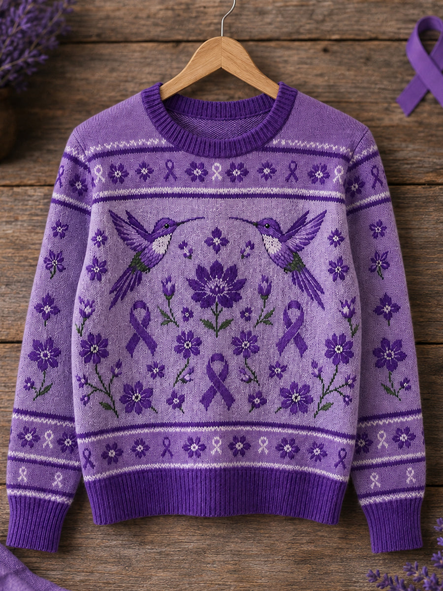Women's Purple Floral & Hummingbird Print Alzheimer's Awareness Support Sweater
