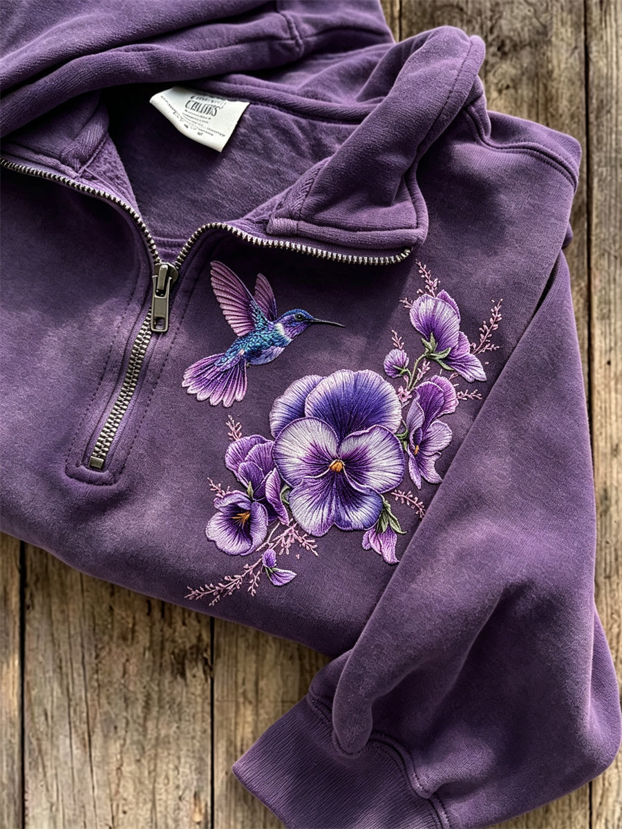 Women's Classy Humming Bird Pansy Flowers Print Zip Up Sweatshirt
