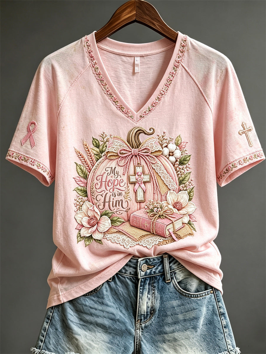 Women's My Hope Is In Him Classy Christian Pink Pumpkin Floral Print short-sleeved T-shirt