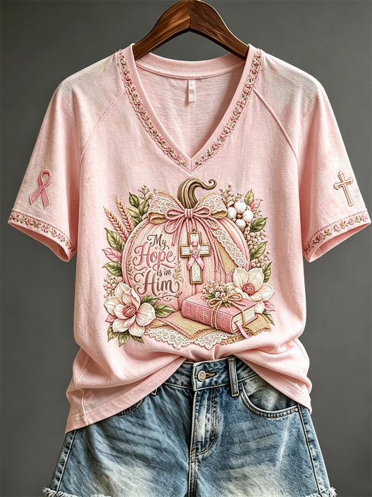 Women's My Hope Is In Him Classy Christian Pink Pumpkin Floral Print short-sleeved T-shirt